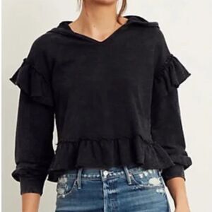 Anthropologie t.la Victorine Cropped Sweatshirt Top Black Size X- Small Ruffled